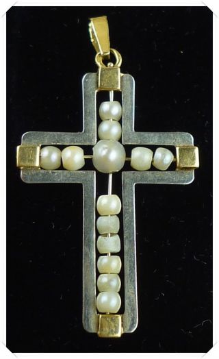 Antique French Religious Victorian 18k Gold & Pearl Cross Pendant