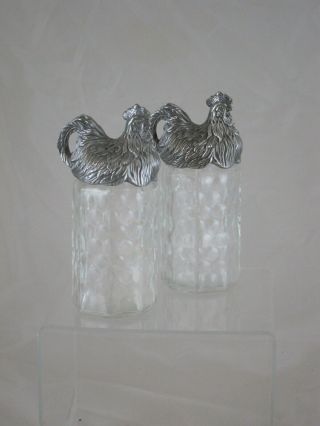 Arthur Court Large Rooster Salt & Pepper Shakers Chicken Glass Pewter 2004