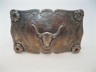 Great Old Western / Cowboy Sterling Silver Longhorn Belt Buckle W Rubies