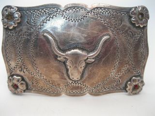 Great Old Western / Cowboy Sterling Silver Longhorn Belt Buckle w Rubies 2