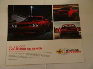 2018 Dodge Challenger Srt Demon 2 Sided Mini Poster & Spec Sheet 8x11 Last One