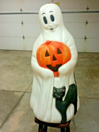 Vtg Halloween 34 " Empire Ghost Holding Pumpkin Black Cat Lighted Yard Blow Mold