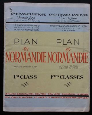 French Line Cgt Ss Normandie First Class Full Colour Coded Deck Plan