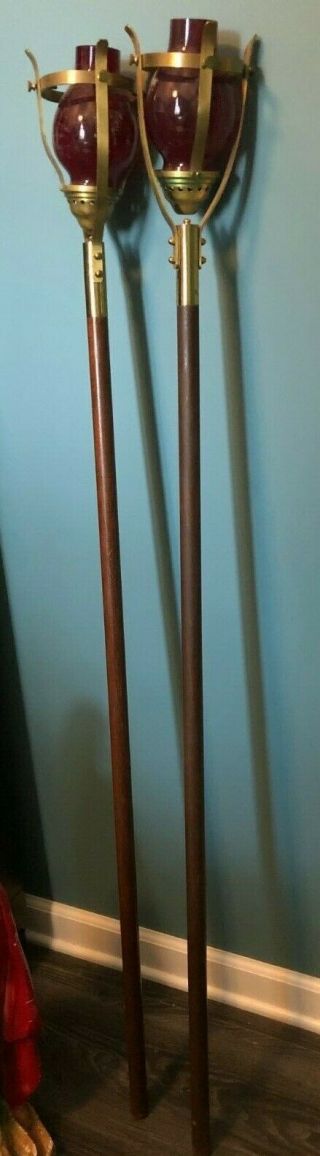 2 Rare Antique Wood Brass & Red Glass Catholic Church Altar Processional Torches