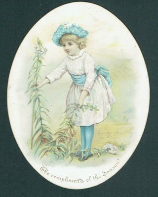 E Manly Artist Signed Victorian Christmas Greetings Card Girl Picking Lilies