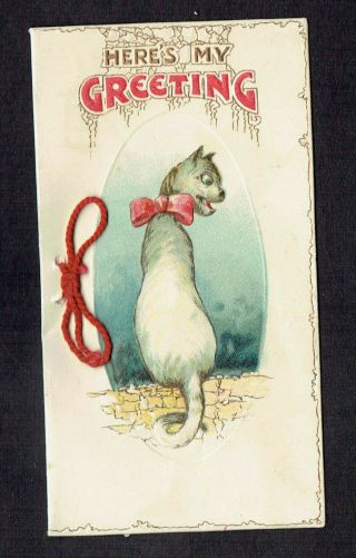 Vintage Or Victorian Christmas Greetings Card Cat Sat On Wall Embossed