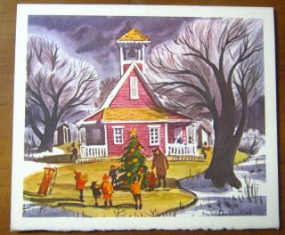 Vintage 1950s Ralph Hulett Schoolhouse Tree Christmas Card,  Disney Artist