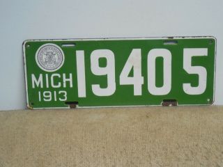 Antique 1913 Michigan Porcelain License Plate Tag
