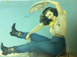 Vtg Rolf Armstrong Ridin’ High Pin Up Cowgirl Western Print 1940s Calendar Art