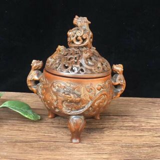 Chinese Exquisite Boxwood Incense Burner - Hand - Carved Dragon Ft059