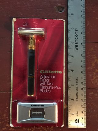 Vintage Gold Plated Gillette Adjustable Safety Razor Nos With Blades