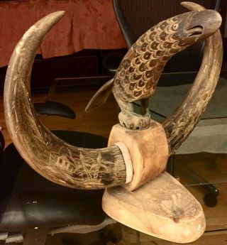 Thailand Buffalo Horn Sculpture: Hawk Framed Between 2 Horns Hand Carved L.  A,  Cal