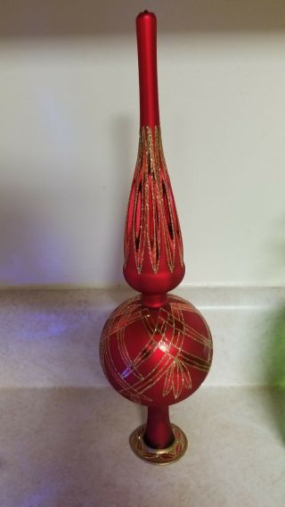 Waterford Red W/ Gold Glitter Blown Glass Tree Topper / Finial 13 "