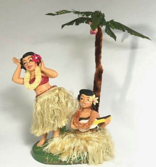 Vintage Pair Hula Girls Dancer Bobble Ukulele Palm Tree Japan Hawaii Souvenir