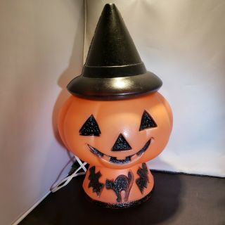 Vintage Halloween Blow Mold Jack - O - Lantern Pumpkin Witch Hat Light Cats Bats Vg