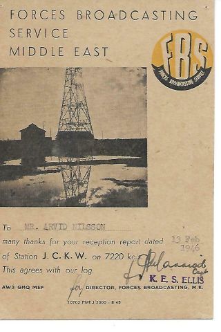1946 Force Broadcasting Service Middle East.  Qsl Radio Card