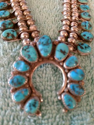 Navajo Squash Blossom Silver And Turquoise Necklace