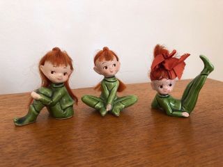 Vintage Group Of 3 Ceramic Pixie Elf Girl 50s 60s Kitsch Ornament Collectable