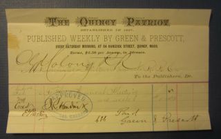 Old 1884 - Quincy Patriot Newspaper - Railroad Billhead Document - Mass.