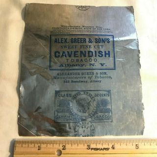 Antique Alex Greer & Sons Cavendish Chewing Tobacco Tin Foil Wrapper Albany Ny