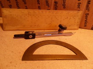 3 Vtg Drawing Instruments Brass Protractor.  Ruler Drawing Instruments Old Tool