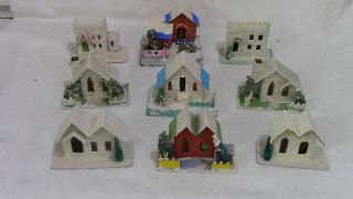9 Vintage Cardboard Putz Christmas Village Houses With Sponge & Brush Trees