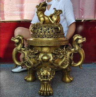 26 " Huge Chinese Brass Fengshui Foo Dog Lion Dragon Beast Incense Burner Censer