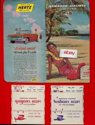 Hawaiian Airlines Ticket Jacket/folder & Tickets Hnl/kona/hilo Dc - 6b 1963