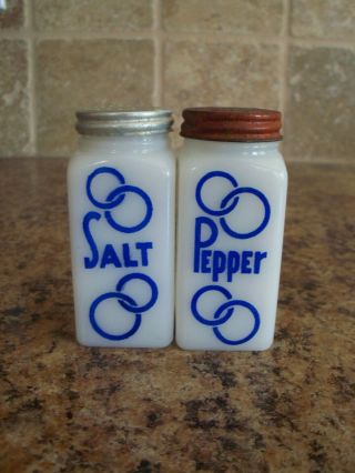 Hazel Atlas Blue Circle On White Milk Glass Salt & Pepper Shakers
