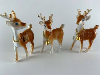 3 Vintage Plastic Reindeer Figures Bell Neckace Movable Head Hong Kong