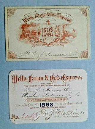 Rare Wells Fargo Express 1892 Annual Package Pass With Envelope