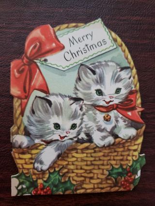 Vtg Christmas Greeting Card Diecut Kitten Cats In Basket Red Bows Sangamon 50s