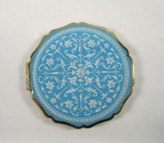 Vintage Stratton Made In England Compact Gold Tone Ornate Floral Design Blue