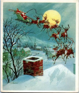 Full Moon Moonlit Santa Claus Reindeer Deer Sleigh Vtg Christmas Greeting Card