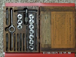 Vintage Old Tool Wooden Box With Russell Screw,  Plates 306 Usa Russell Mfg