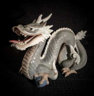 Vintage Porcelain Grey Asian Dragon Figurine Japan Yoshimi K Style 5.  5 " X8” Decor