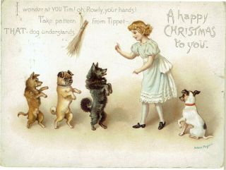 Tuck Helena Maguire Artist Victorian Christmas Card Girl & Dogs On Hind Legs
