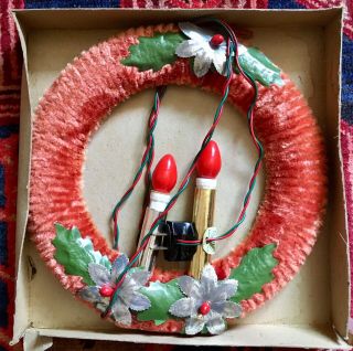 " Polly " Double Candle Electric Chenille Xmas Wreath - Vintage