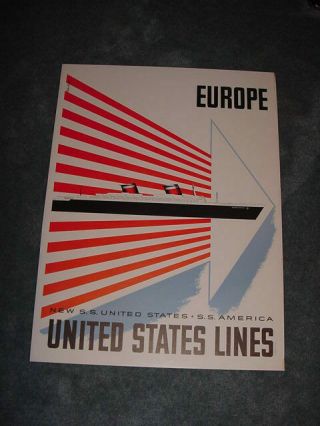 Ss United States Lines Travel Agency Poster / 22 1/2 " X 30 " / Good Cond.
