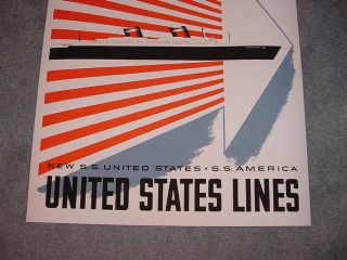 SS UNITED STATES LINES Travel Agency Poster / 22 1/2 