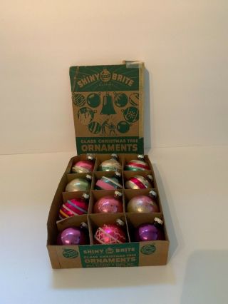 Box Of 12 Vintage Shiny Brite Glass Christmas Tree Ornaments - Pinks,  Purples