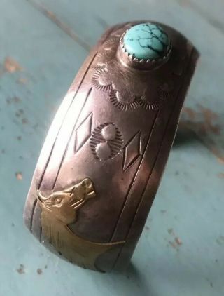 Old Stamped Native Turquoise Sterling Silver Brass Horse Cuff Bracelet 25g 7” 2