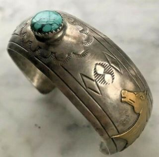 Old Stamped Native Turquoise Sterling Silver Brass Horse Cuff Bracelet 25g 7” 3