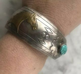 Old Stamped Native Turquoise Sterling Silver Brass Horse Cuff Bracelet 25g 7” 4