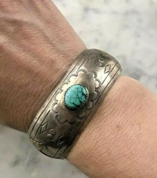 Old Stamped Native Turquoise Sterling Silver Brass Horse Cuff Bracelet 25g 7” 6