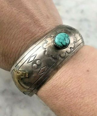 Old Stamped Native Turquoise Sterling Silver Brass Horse Cuff Bracelet 25g 7” 7