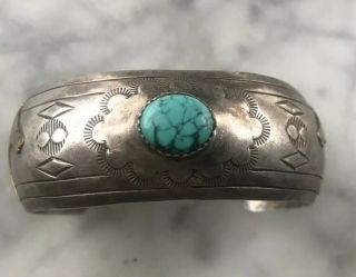 Old Stamped Native Turquoise Sterling Silver Brass Horse Cuff Bracelet 25g 7” 8