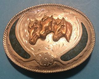 Vintage Western Rodeo Belt Buckle Alpaca Mexico,  Silver And Brass,  3 Horse Heads