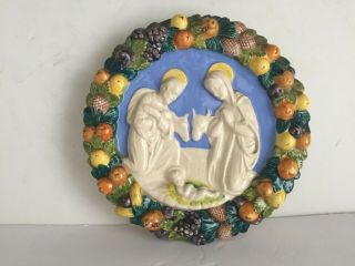 Antique Della Robbia Nativity Scene Italian Art Pottery Faience Plaque Santini