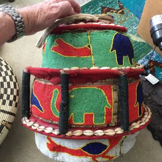 Yoruba African Beaded Container With Lid.  Large (16x16 ") And Impressive